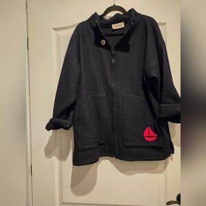 Navy Pea Coat with Red Embroidery